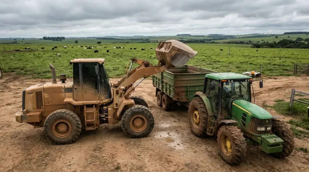Pá-carregadeira carregando calcário em fazenda — crédito para máquinas agrícolas