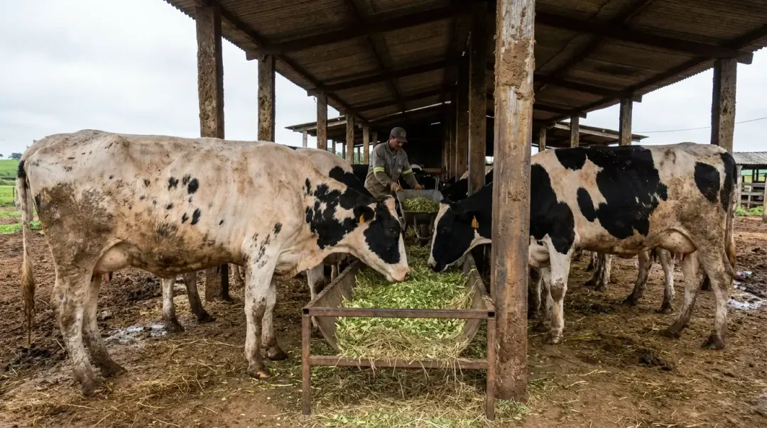 Vacas em fazenda leiteira na ordenha, ilustrando a alta do leite ao produtor