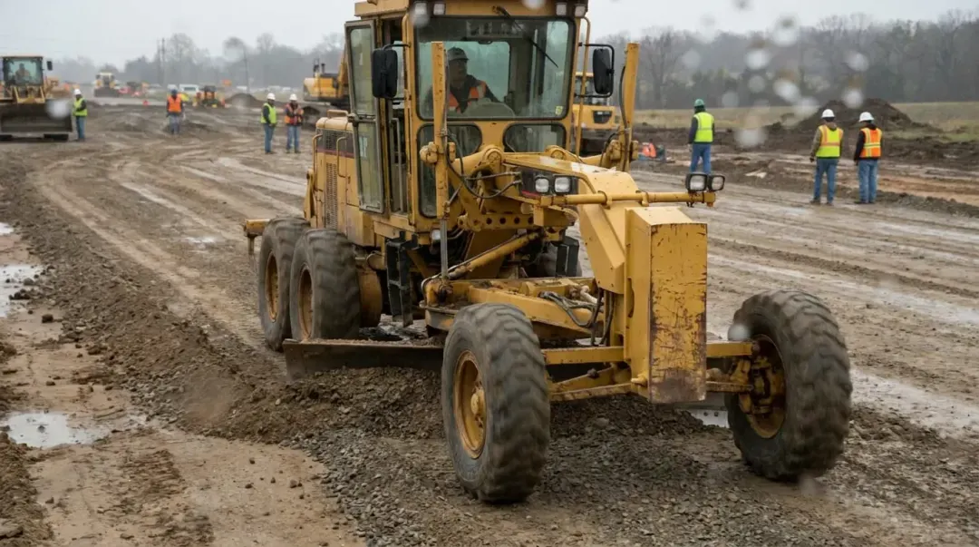 Motoniveladora em obra de terraplanagem nas concessoes de rodovias 2026