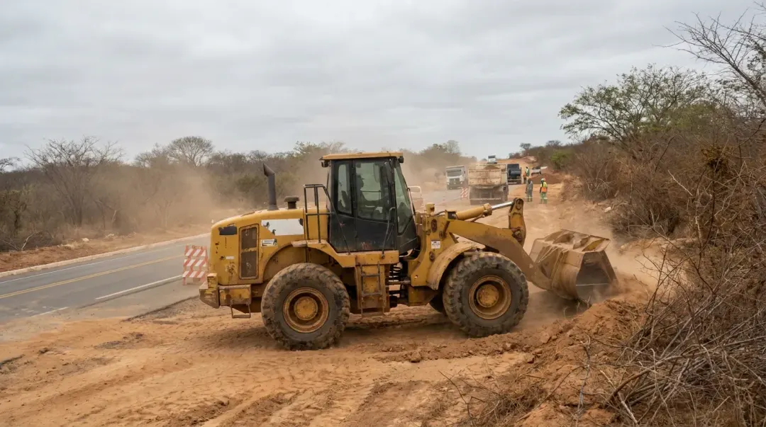 Carregadeira movendo terra em duplicação de rodovia no Nordeste, serviço de terraplanagem