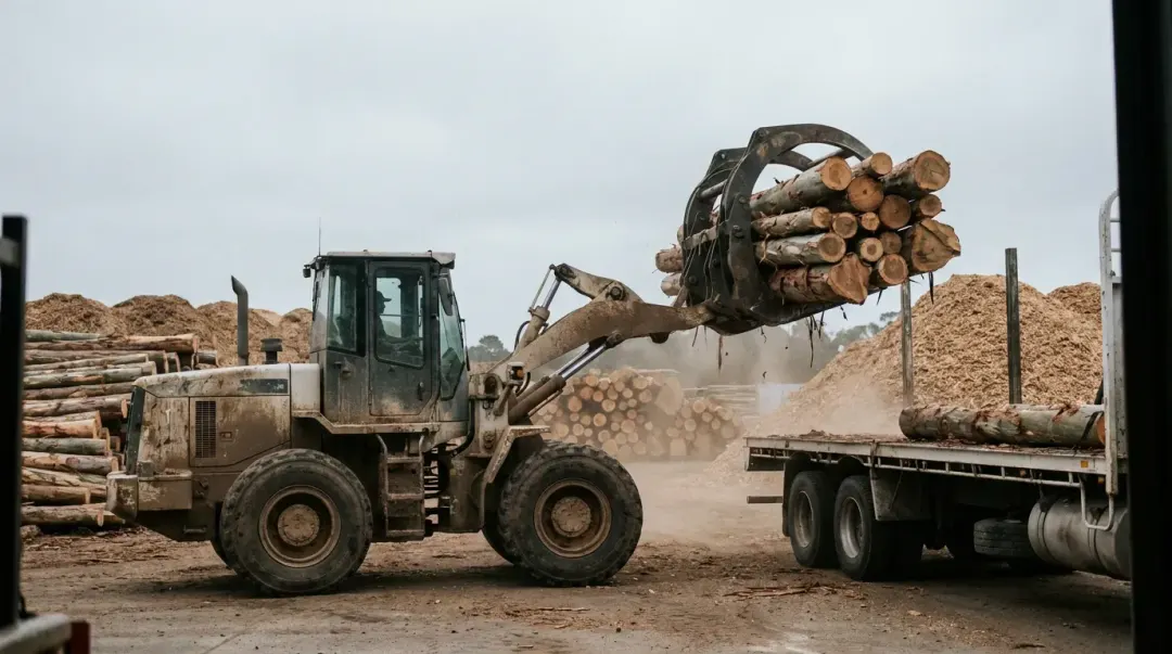 Pá-carregadeira carregando toras de eucalipto em serraria de florestas plantadas