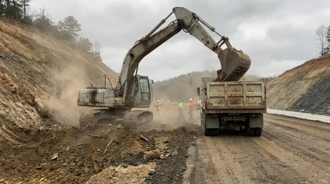 Pá-carregadeira em serviço de terraplanagem numa obra de rodovia