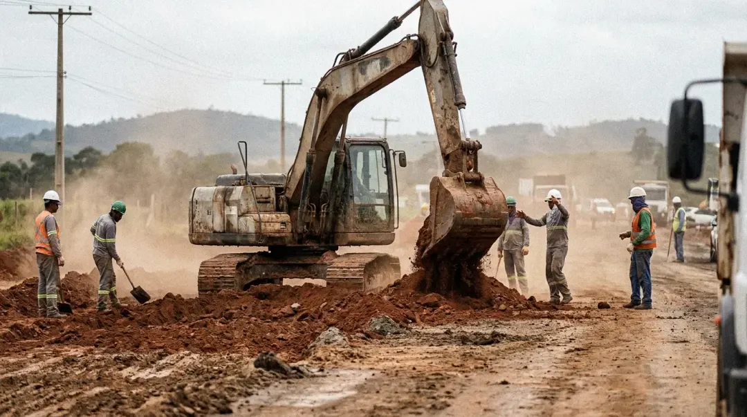 Obras de infraestrutura em canteiro com escavadeira e pá-carregadeira movimentando terra
