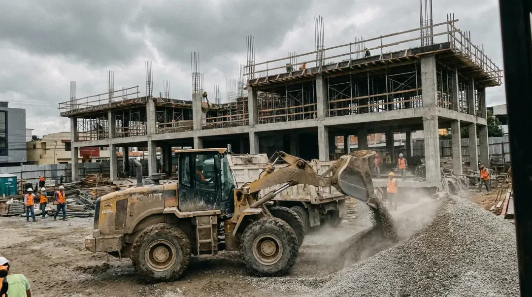 Pá-carregadeira em canteiro de obra carregando caçamba de brita
